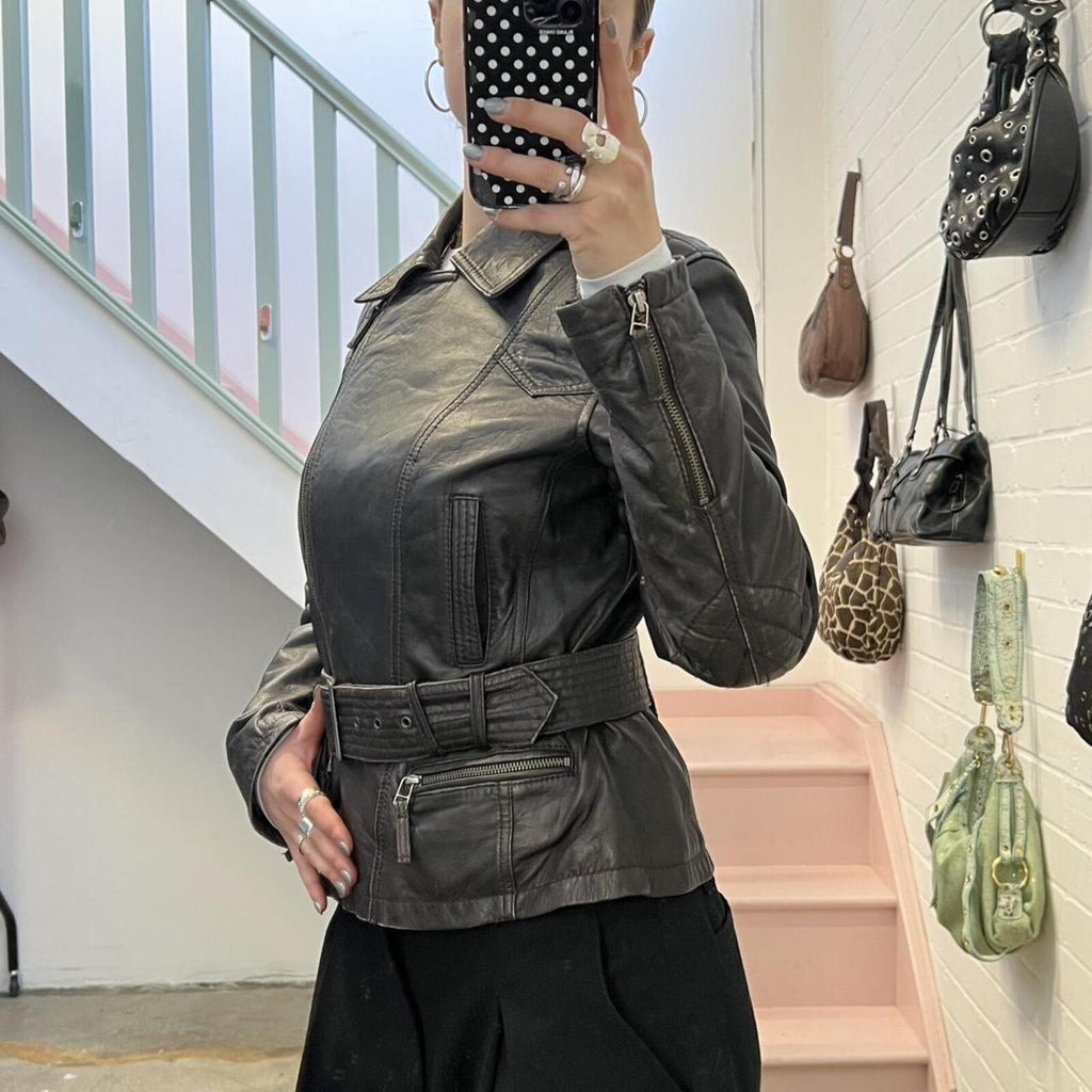 street one dark brown leather zip up vintage biker jacket