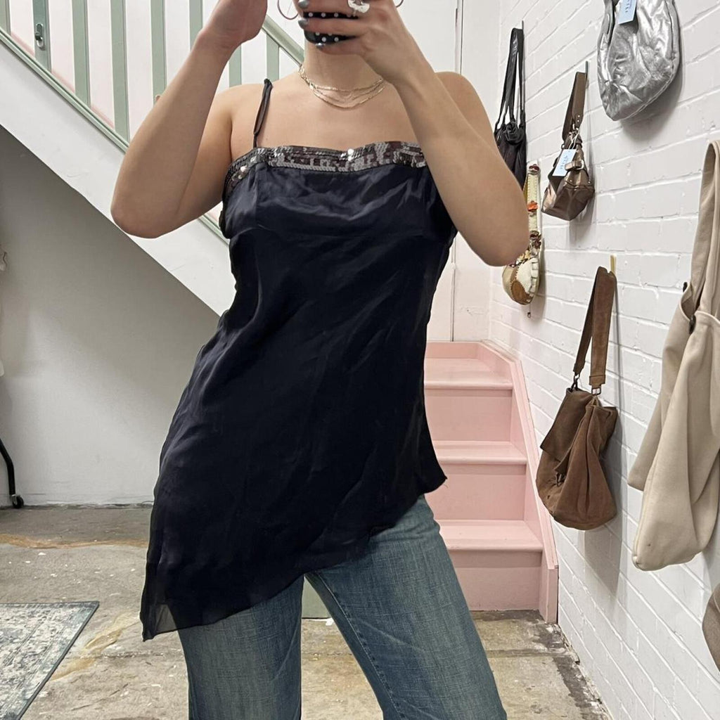 Black silk vintage asymmetrical long cami / dress perfect for layering