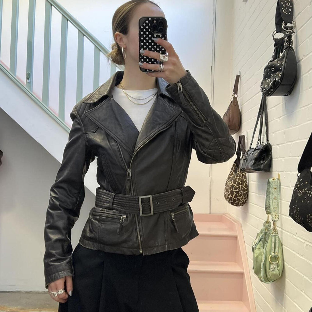 street one dark brown leather zip up vintage biker jacket