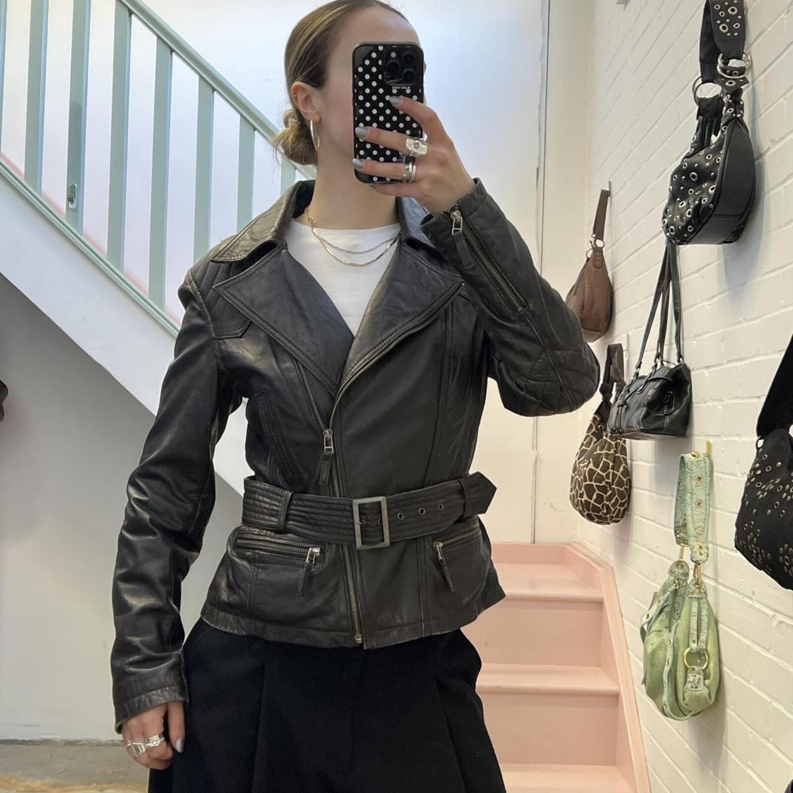 street one dark brown leather zip up vintage biker jacket