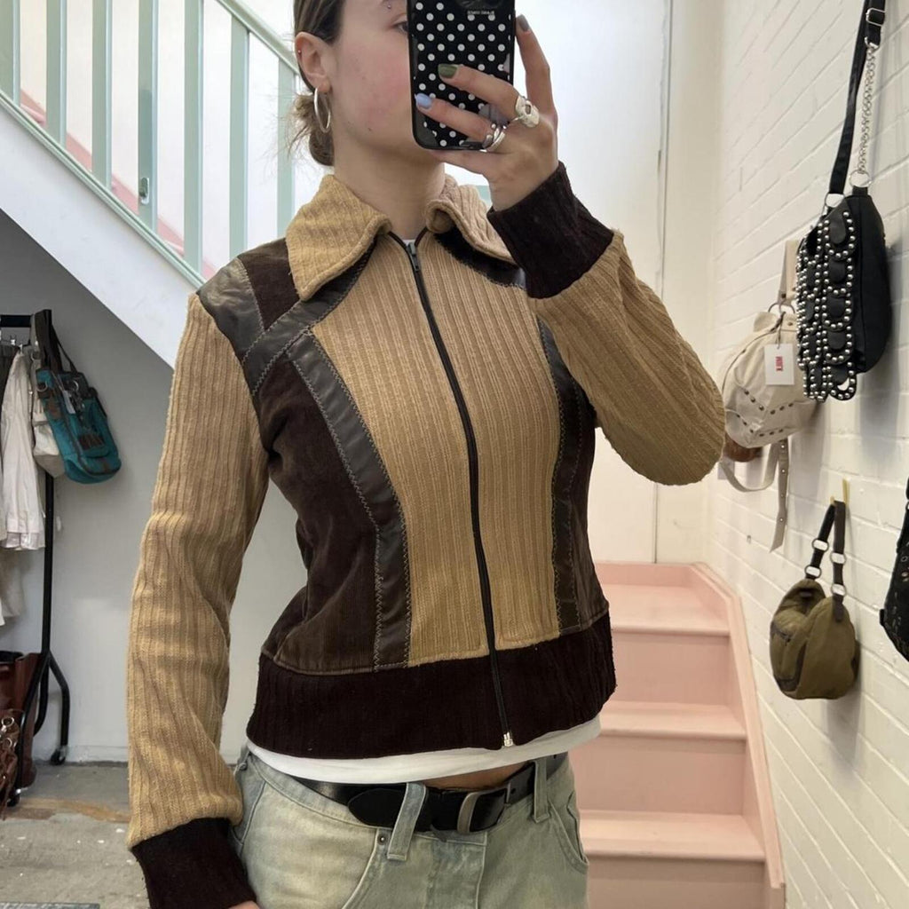 Cream and brown patchwork knitted zip up vintage sweater