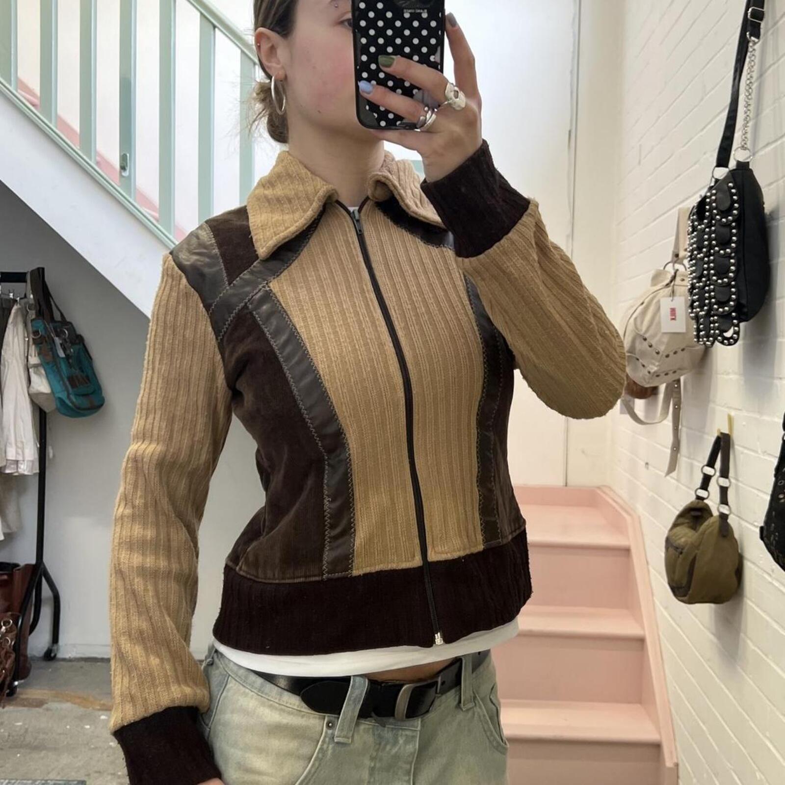 Cream and brown patchwork knitted zip up vintage sweater