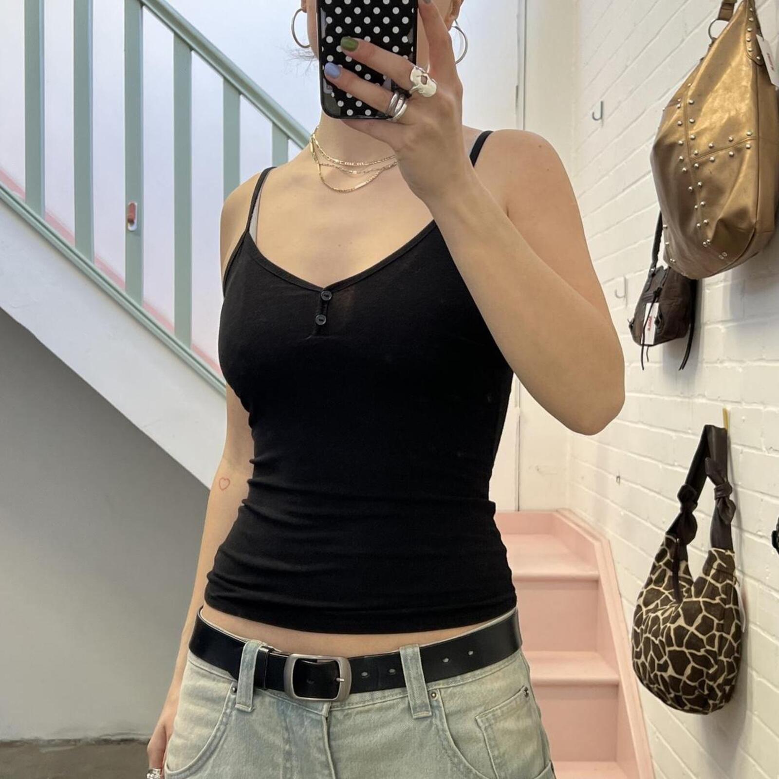 Simple black cotton button up cami