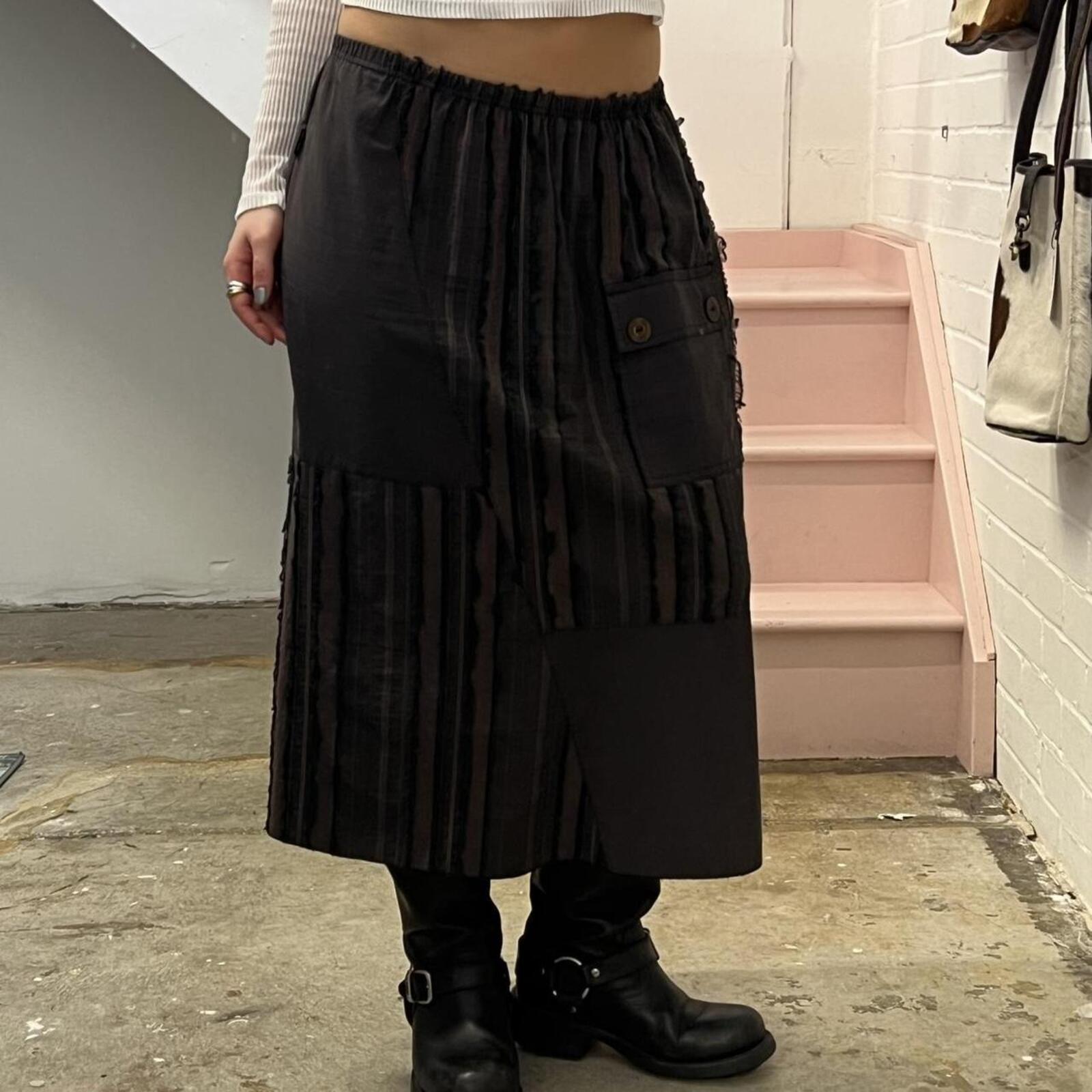 brown utility style striped vintage midi skirt with button detail