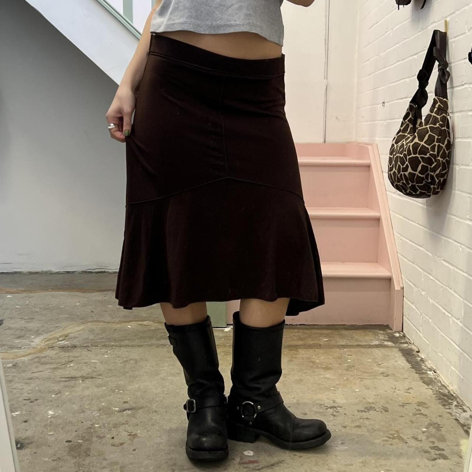 brown asymmetrical slinky floaty vintage midi skirt