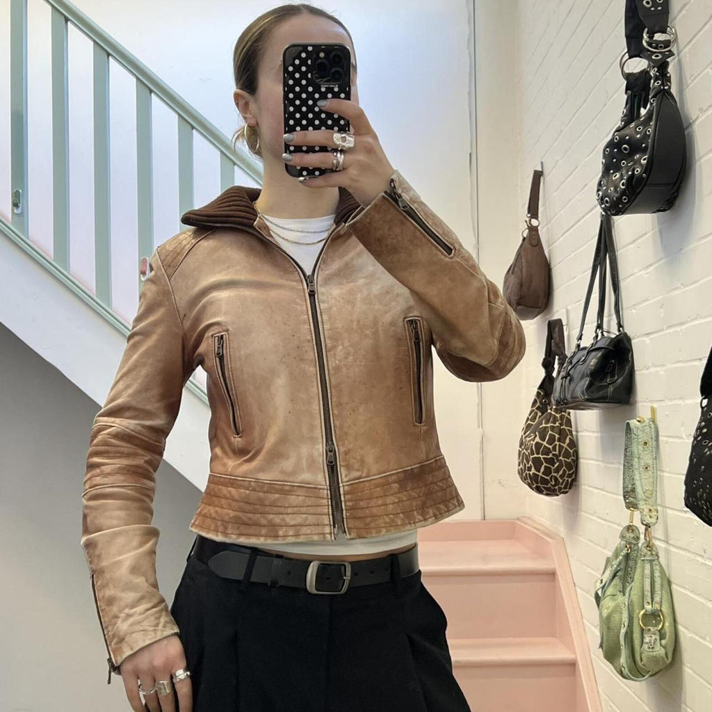 light brown washed leather zip up vintage jacket