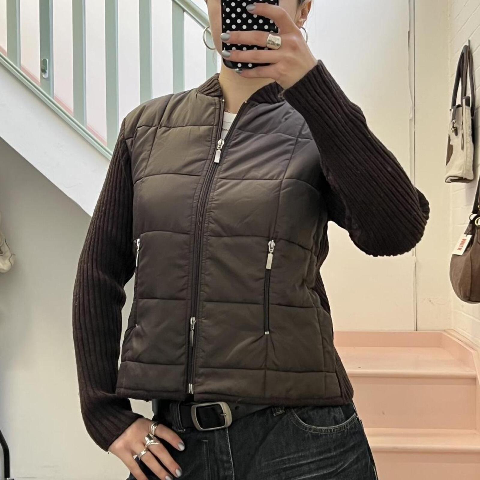 brown vintage padded sweater with lambs wool knitted sleeves and dual zip