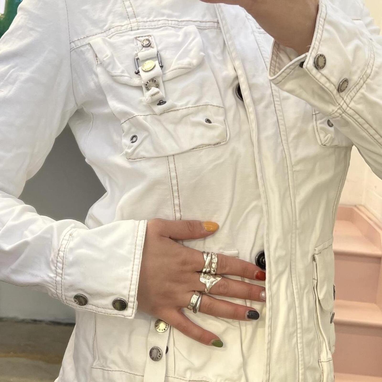 White utility style fitted zip up vintage jacket with cargo pockets