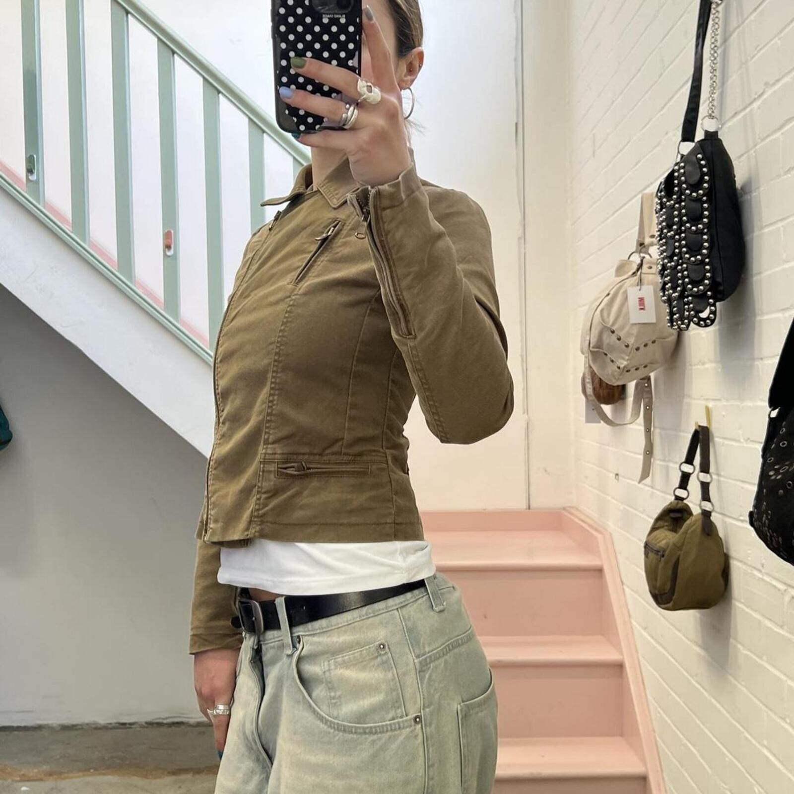 Khaki brown denim fitted zip up biker style vintage jacket