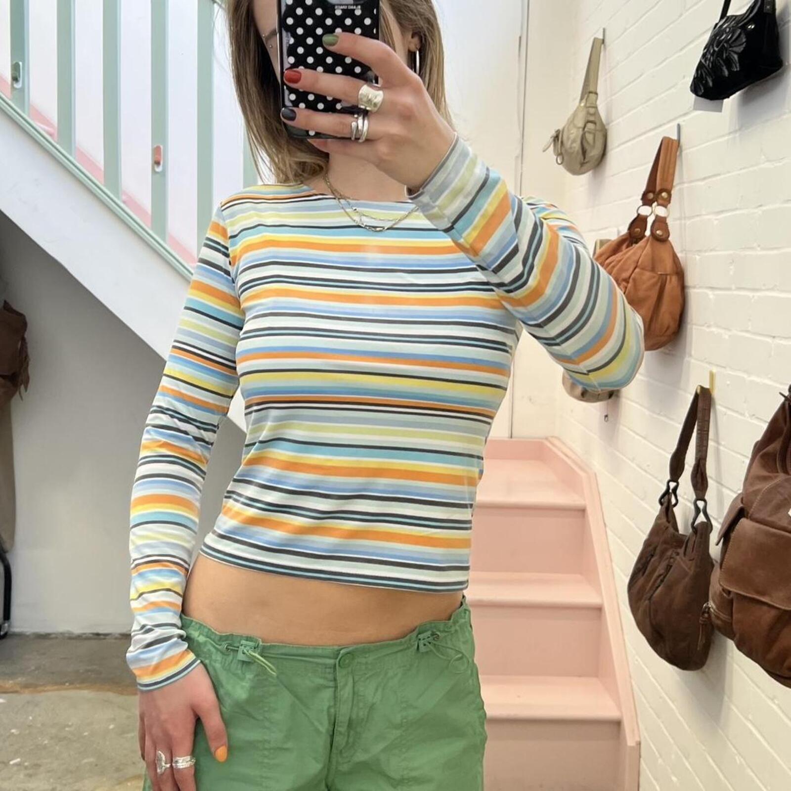 yes miss blue orange and yellow striped fitted vintage top