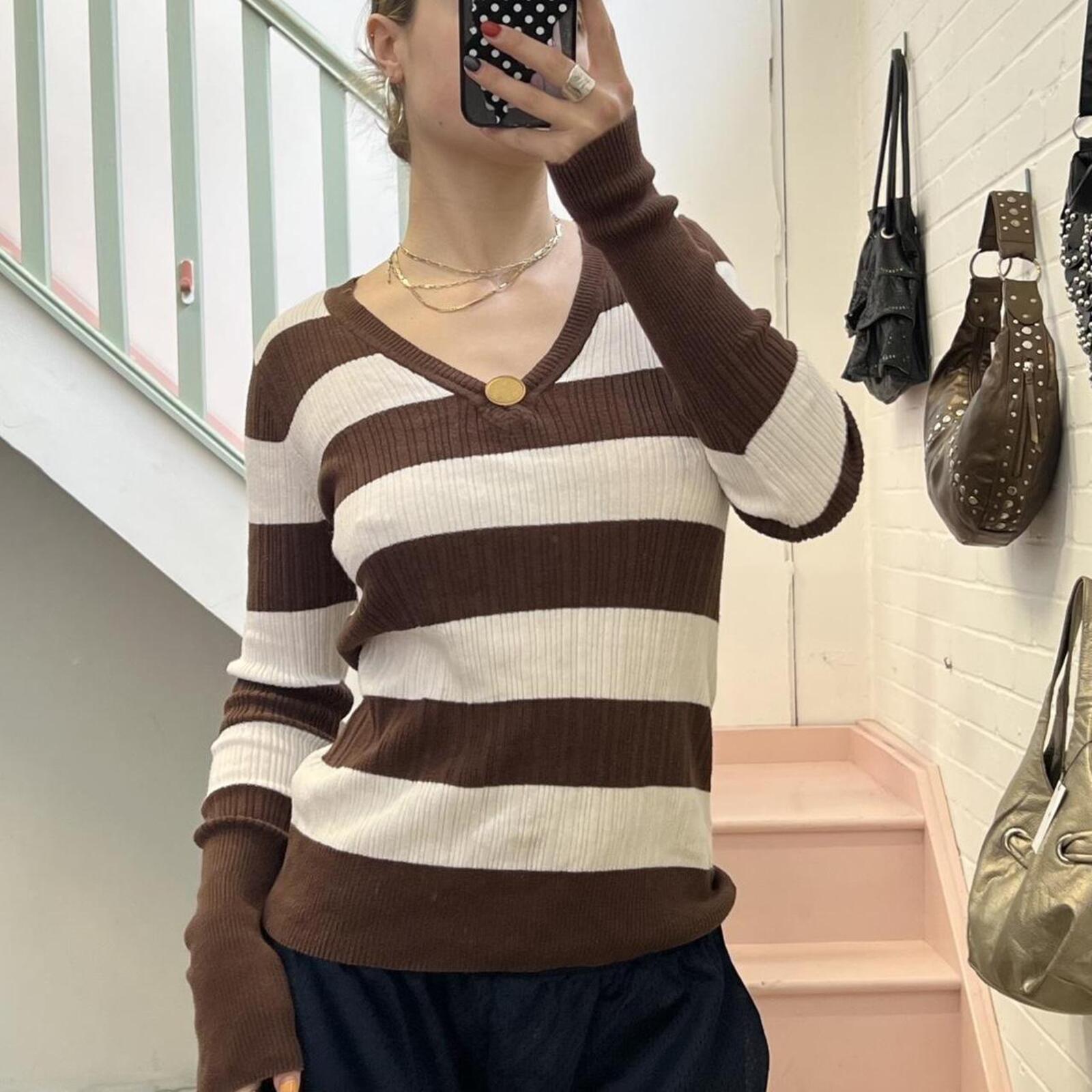 White and brown striped ribbed v neck sweater