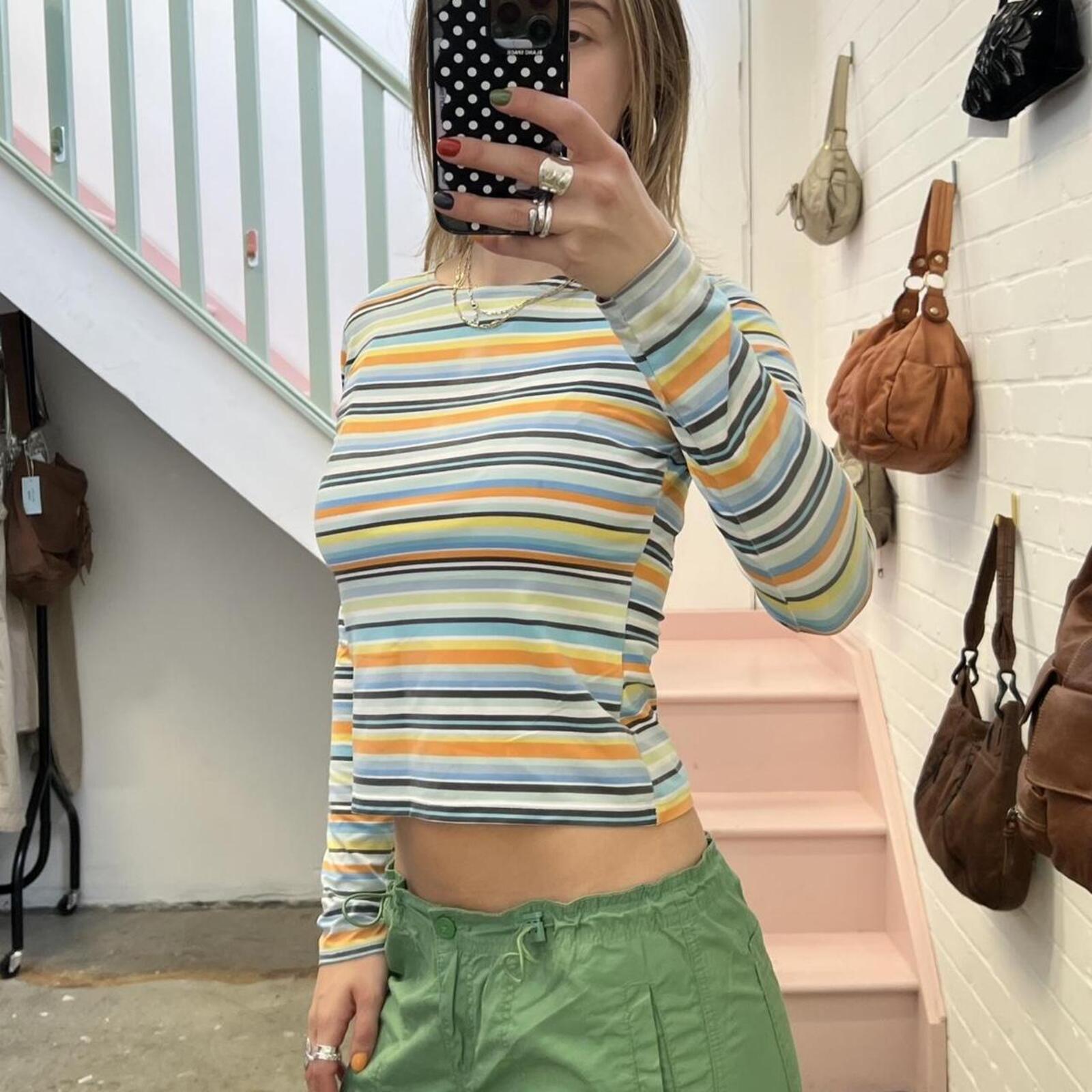 yes miss blue orange and yellow striped fitted vintage top