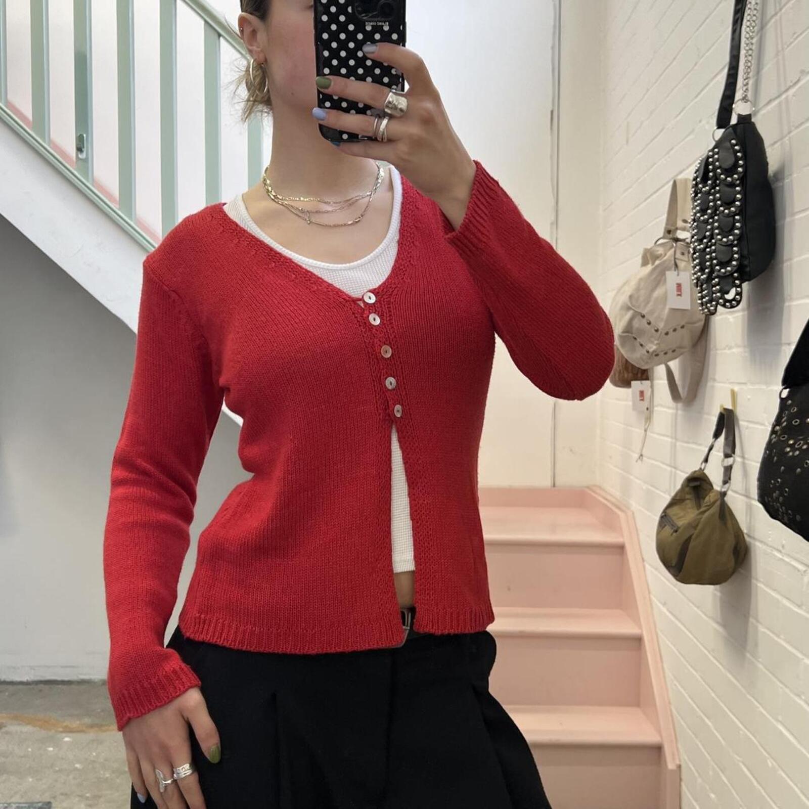 red knitted vintage cardigan with pearl buttons