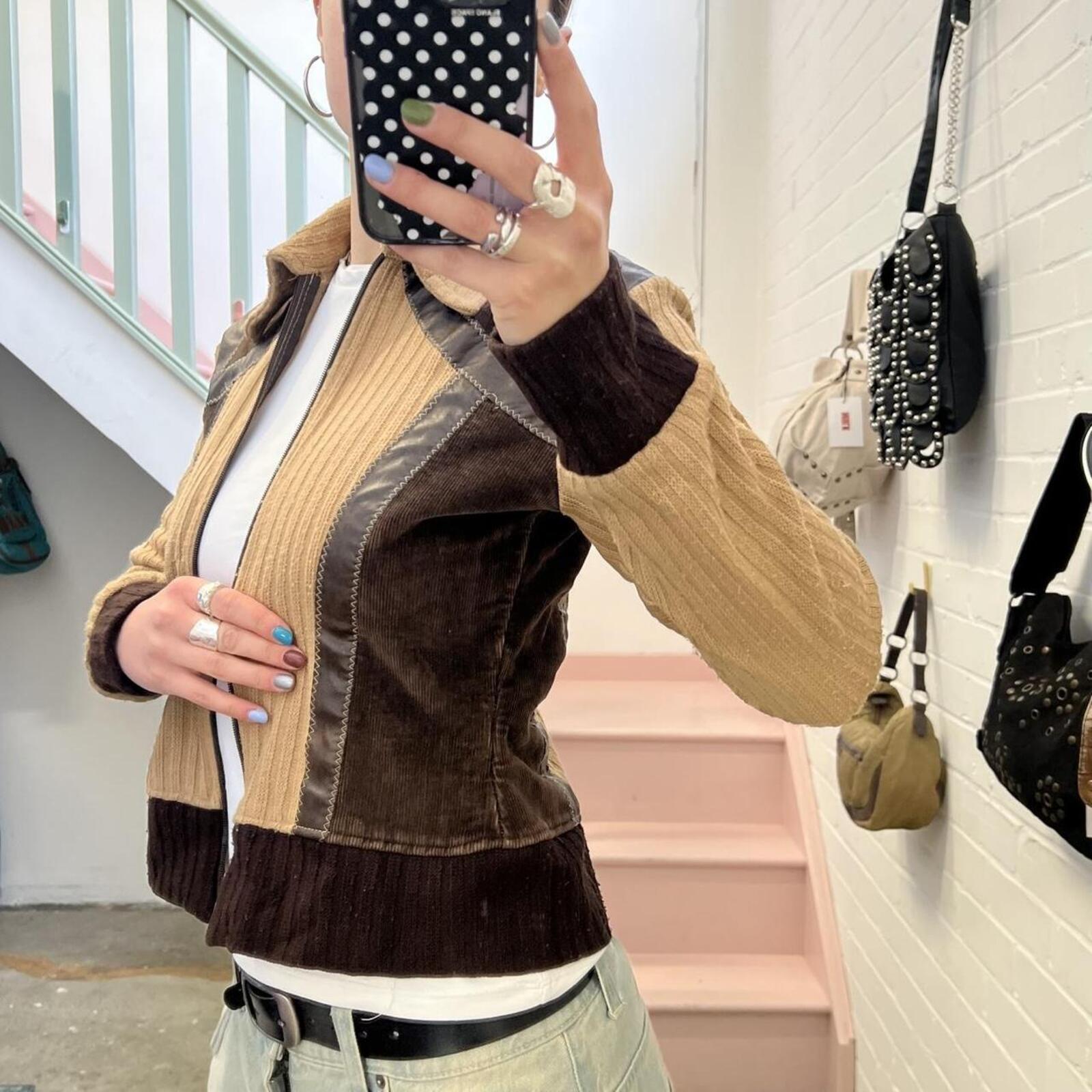 Cream and brown patchwork knitted zip up vintage sweater