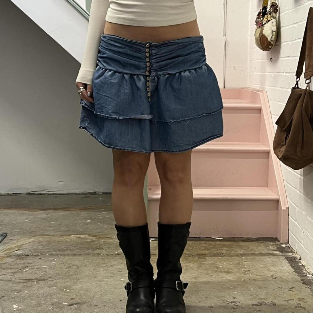 denim frilly layered vintage low rise rara skirt