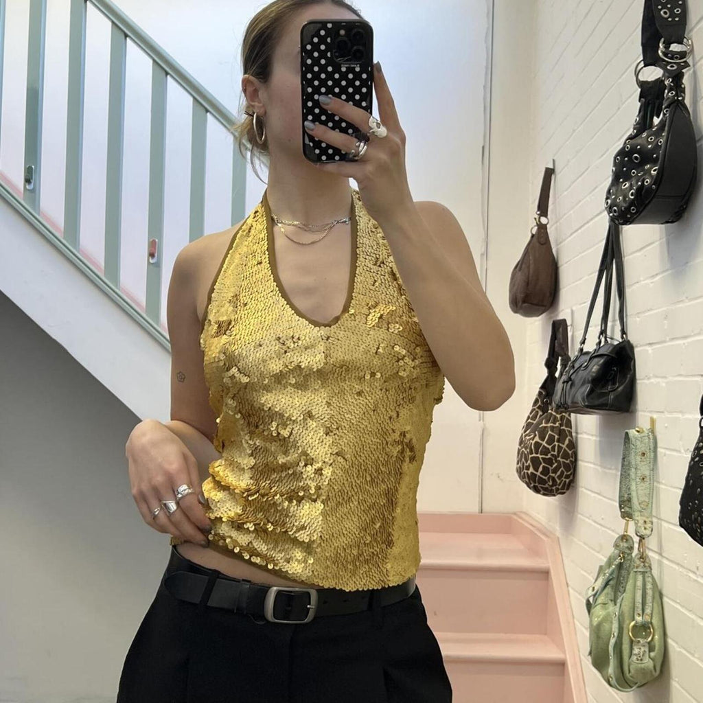 Gold sequin embellished halterneck vest