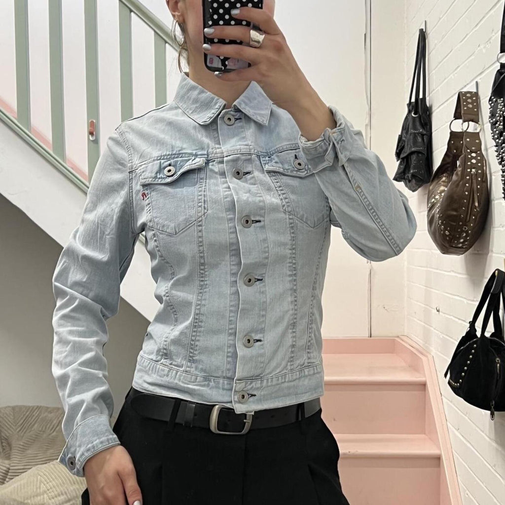 Baby blue light wash fitted button up denim jacket