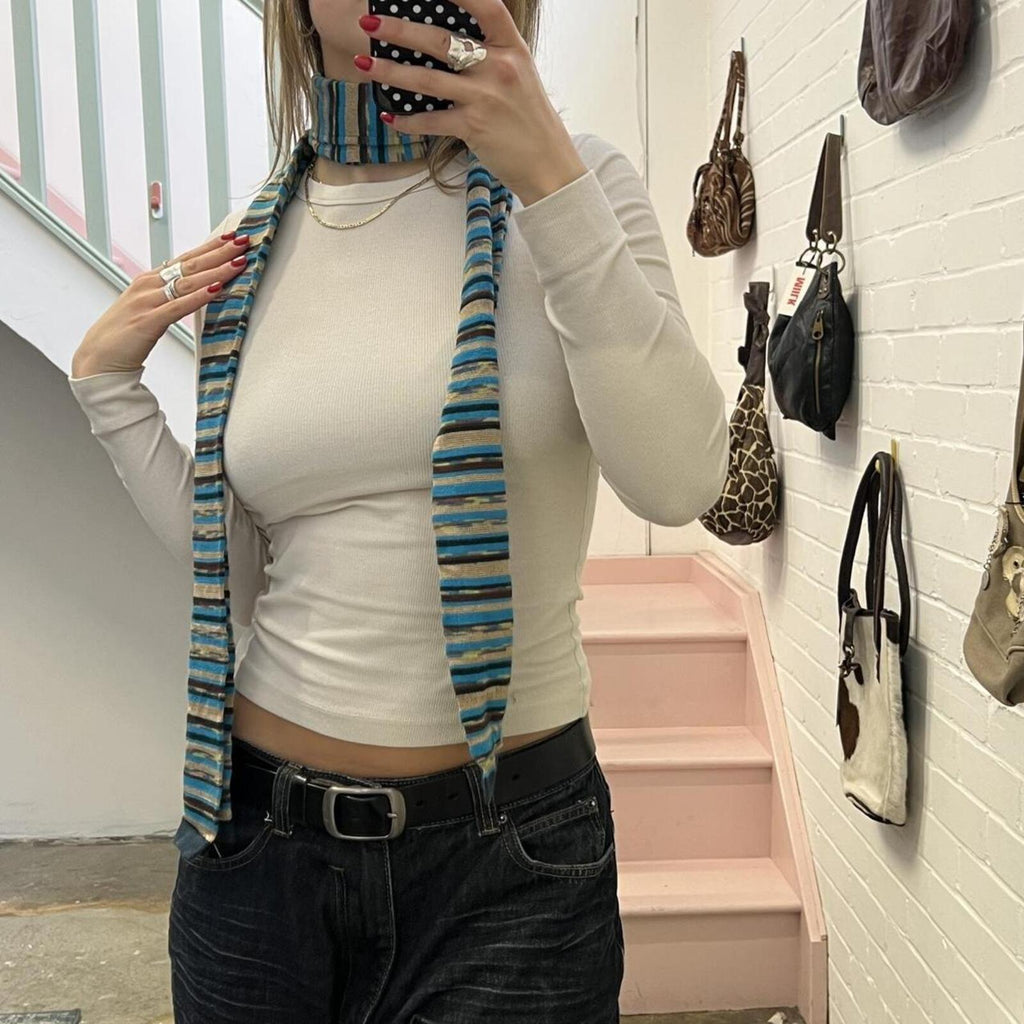 Blue and brown striped skinny vintage scarf