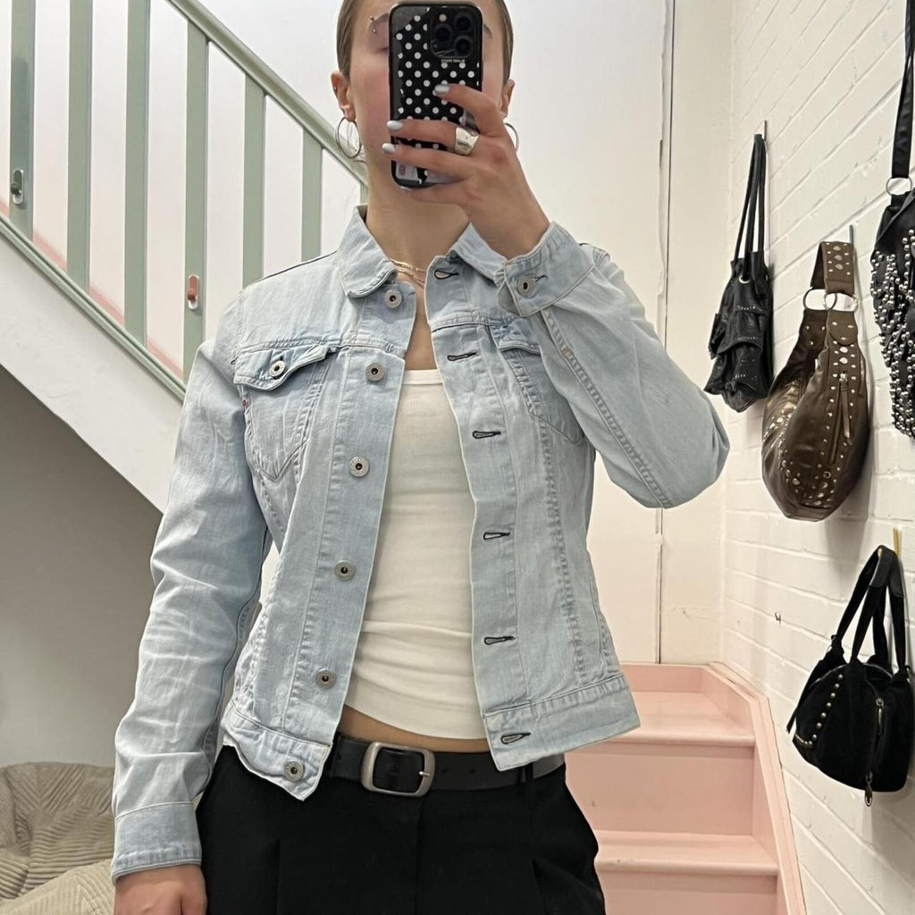 Baby blue light wash fitted button up denim jacket