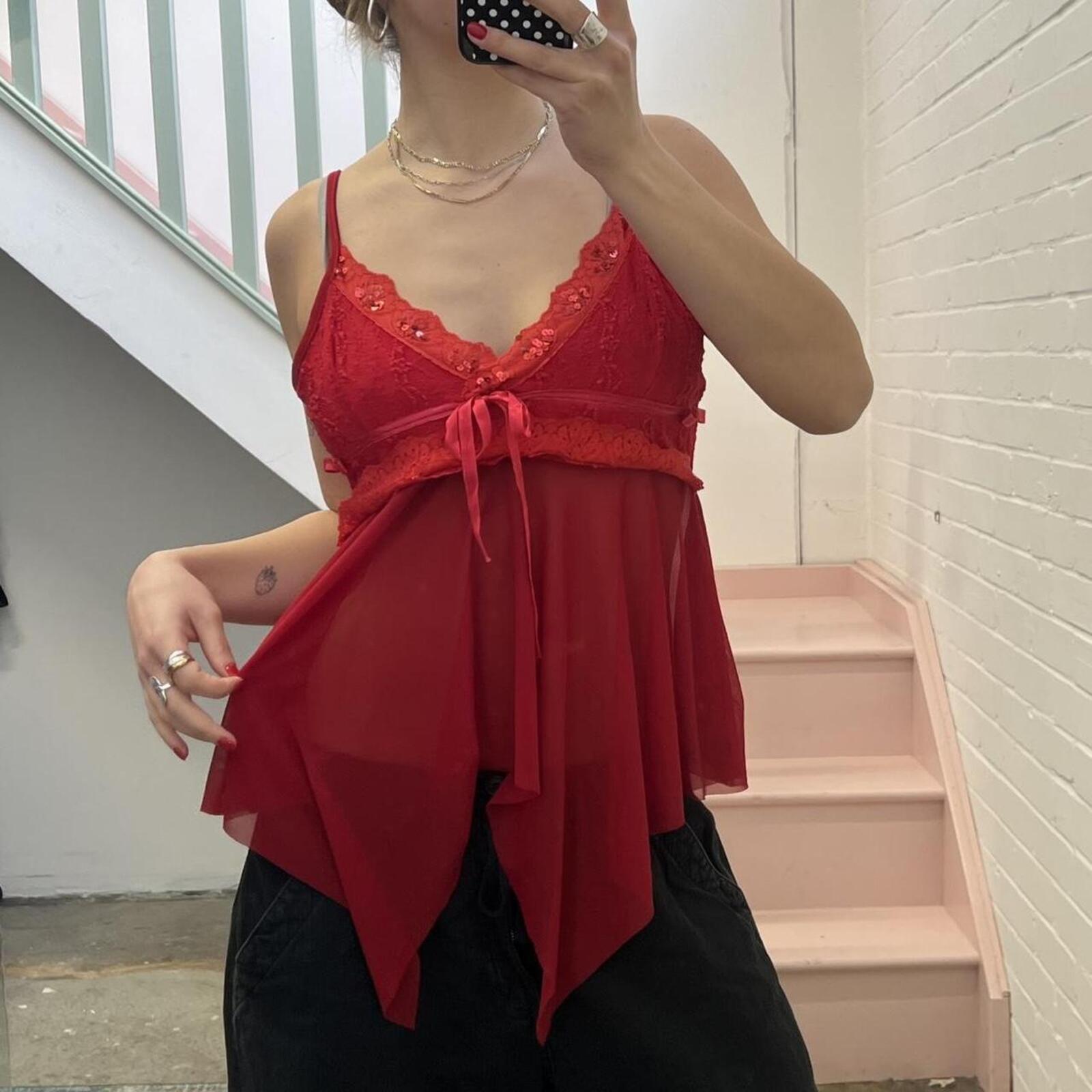 Red mesh beaded floaty asymmetrical vintage cami top