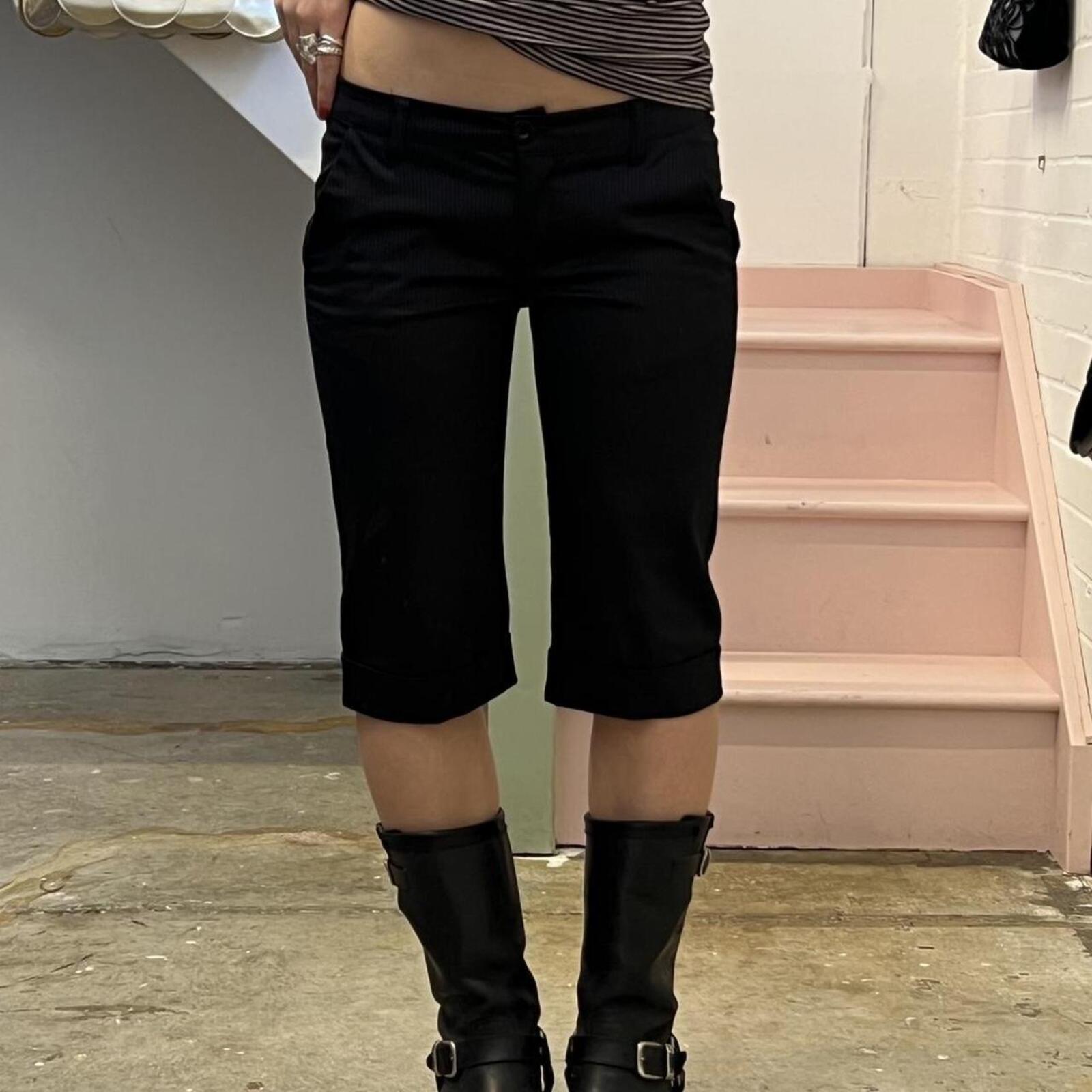 Black satin pinstripe tailored fitted low rise shorts