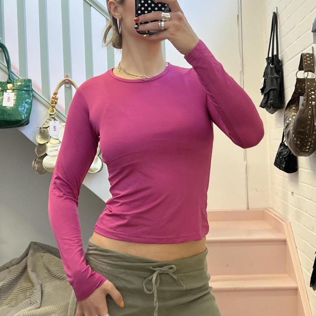 fuchsia hot pink fitted long sleeve slinky top