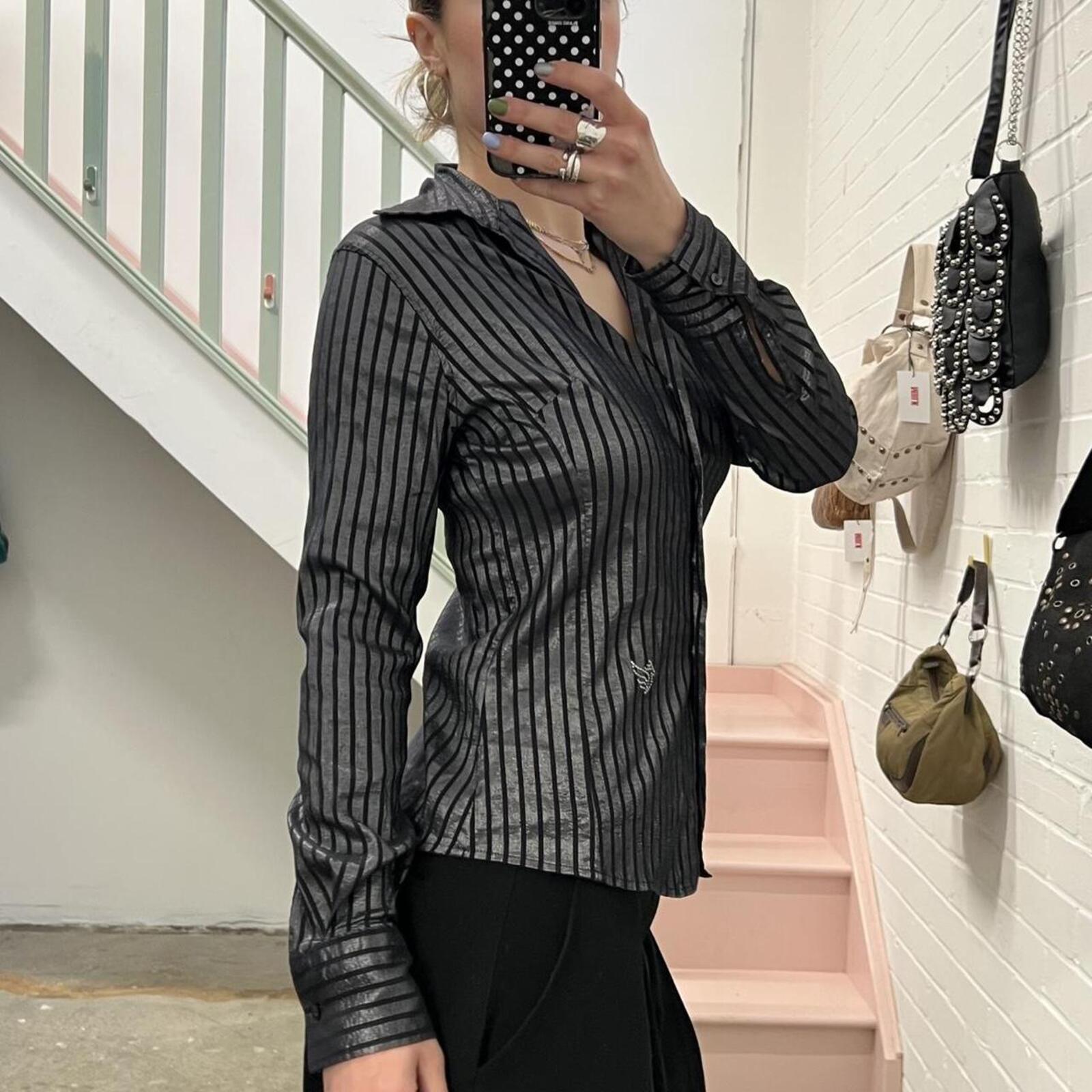 Black and silver striped fitted vintage button up shirt