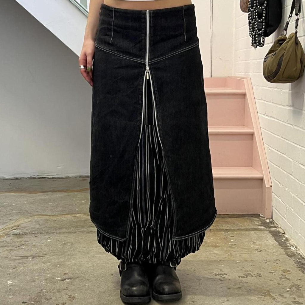 Black denim layered cargo maxi skirt with pinstripe layer and zip