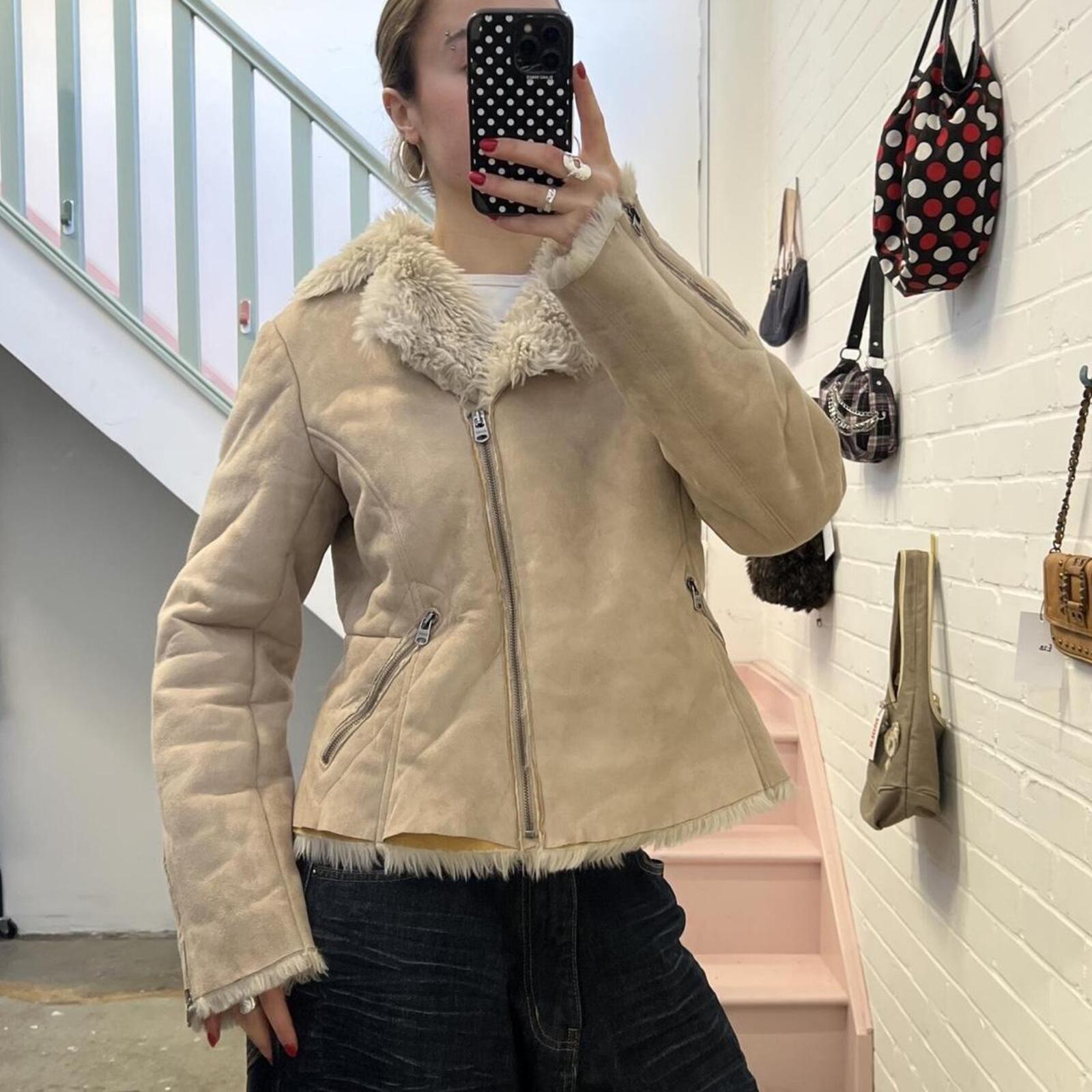 Esprit cream faux suede faux fur lined zip up fitted teddy coat