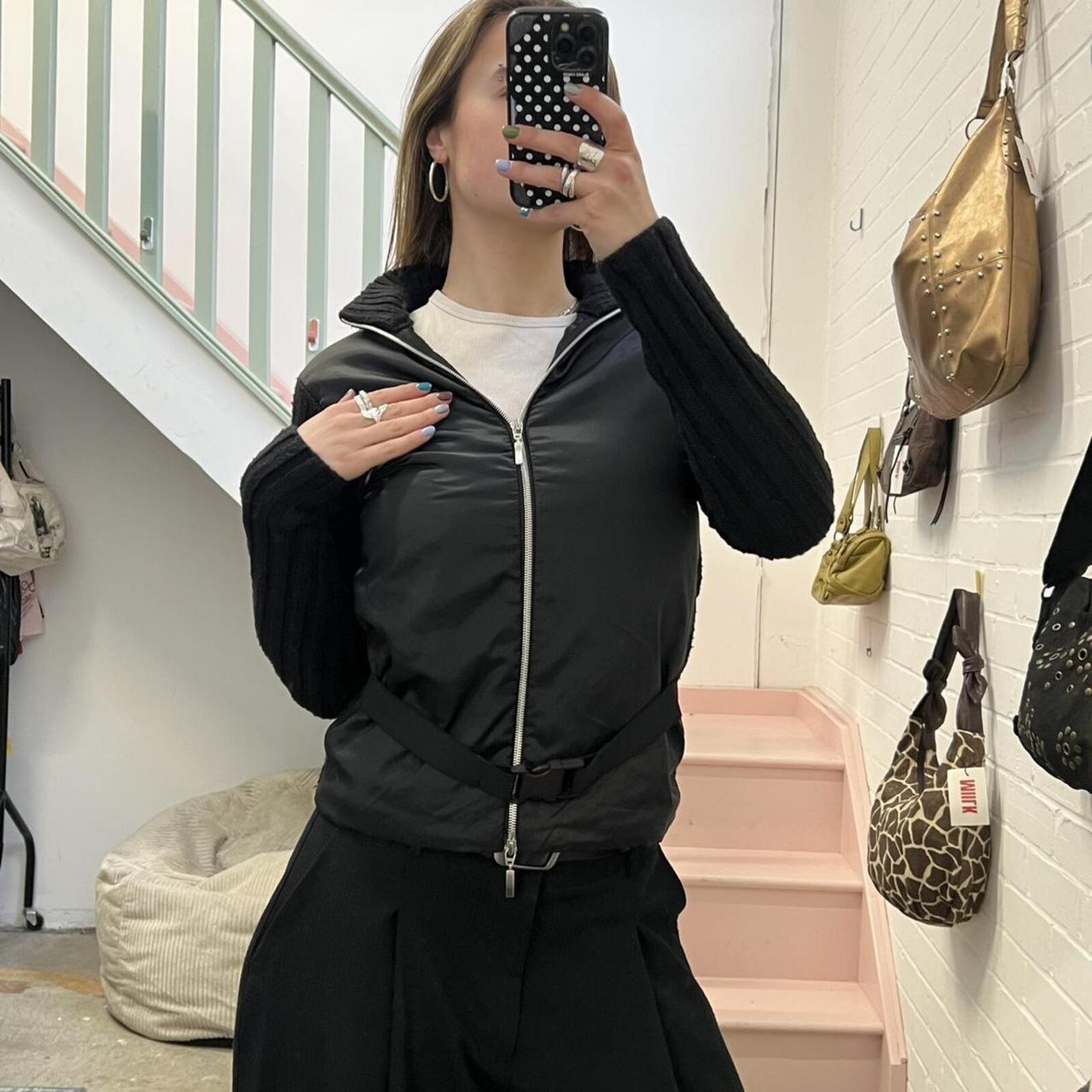 black vintage zip up high neck lightweight jacket with belted waist