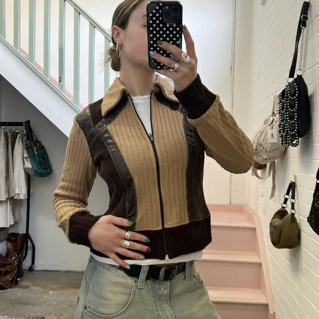 Cream and brown patchwork knitted zip up vintage sweater