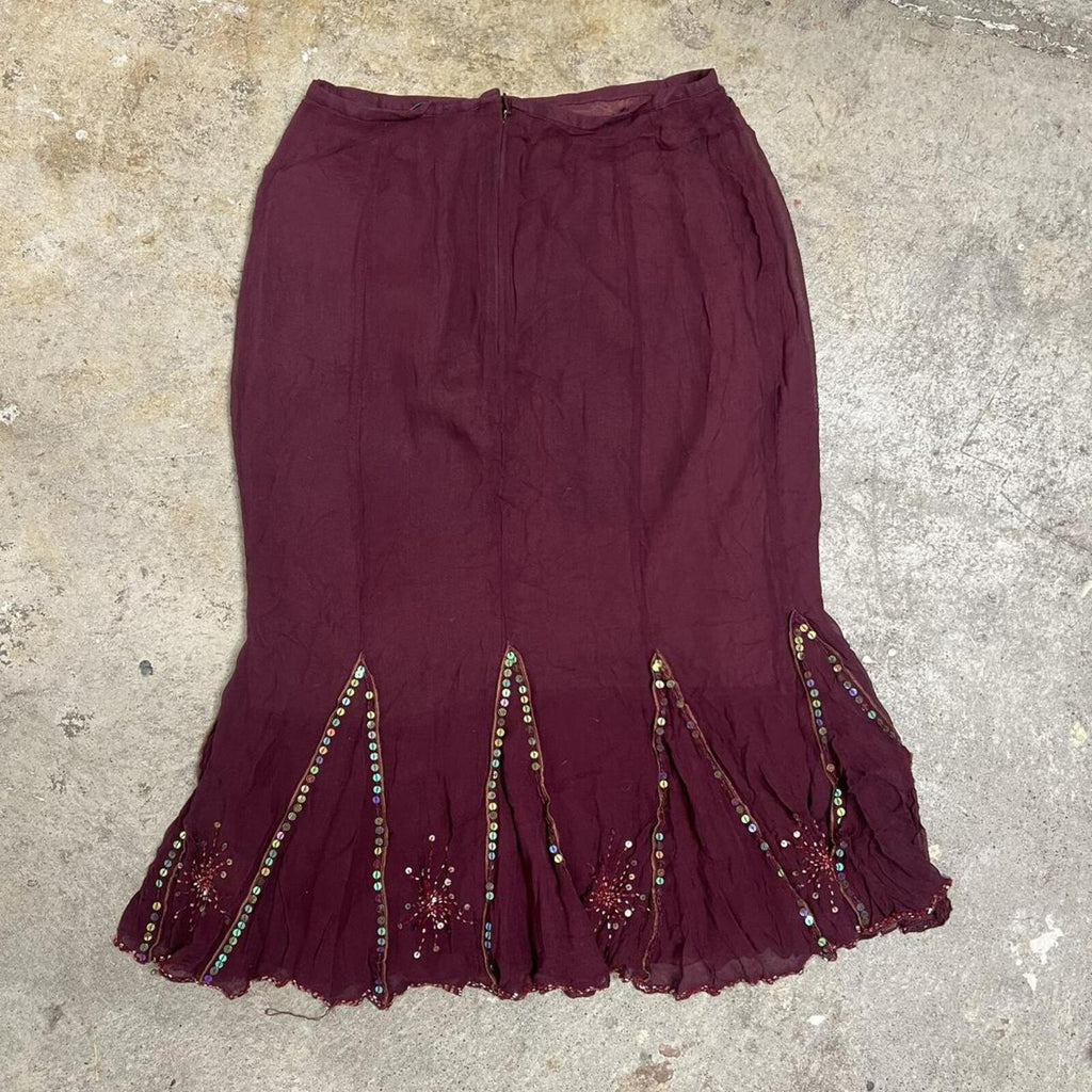 burgundy sequin vintage midi skirt