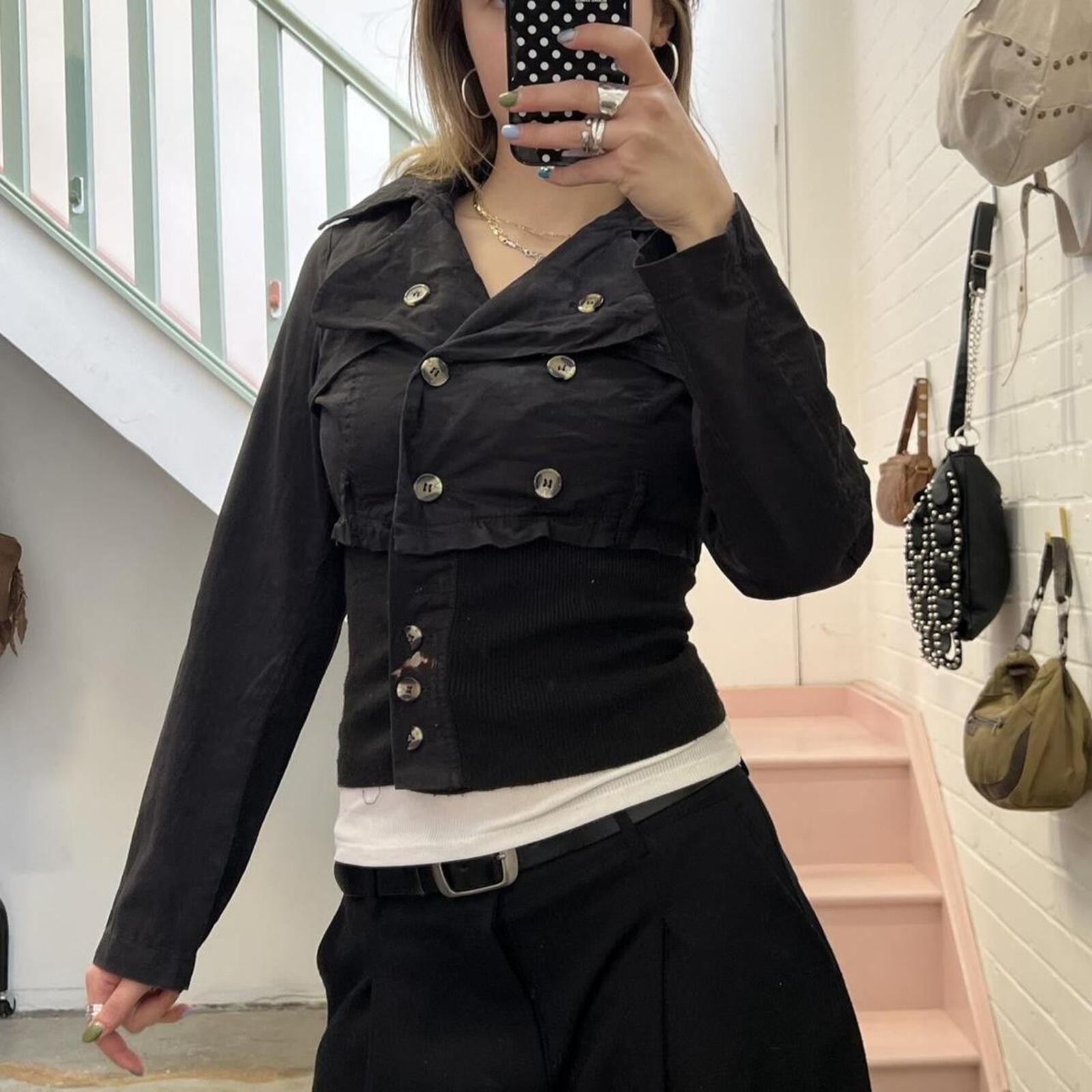 black fitted vintage peacoat with elastic waist