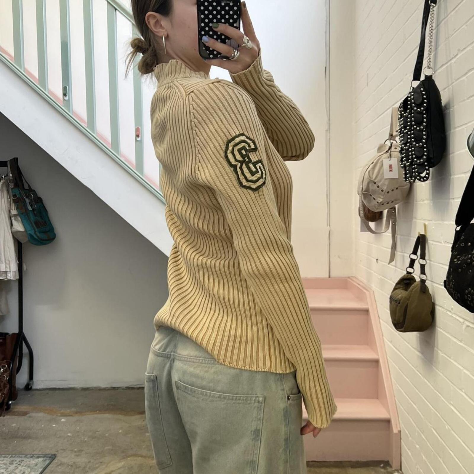cream knitted high neck 1/4 zip ribbed vintage sweater with number print on sleeve