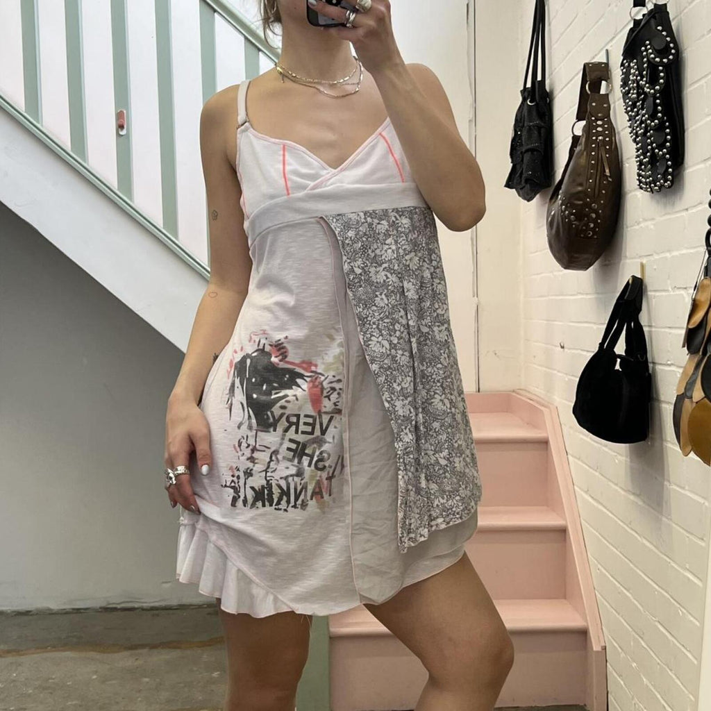 white and grey layered printed strappy mini dress