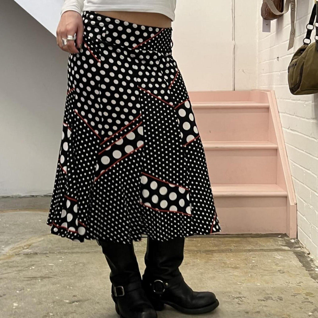 Black and white polka dot patchwork floaty vintage maxi skirt with red contrast stitching