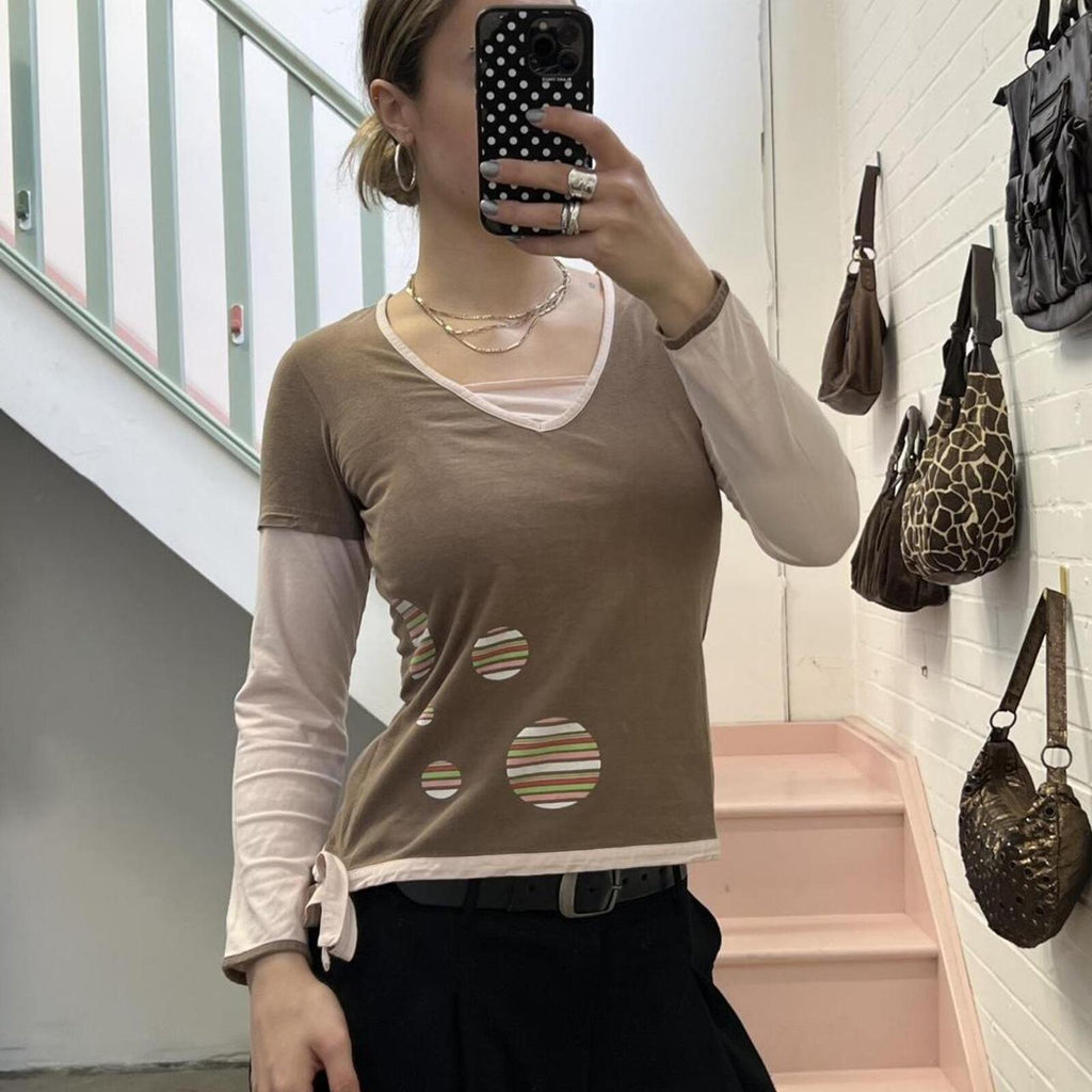 brown and cream polka dot geo print vintage long sleeve layered top