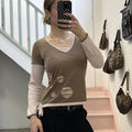 brown and cream polka dot geo print vintage long sleeve layered top