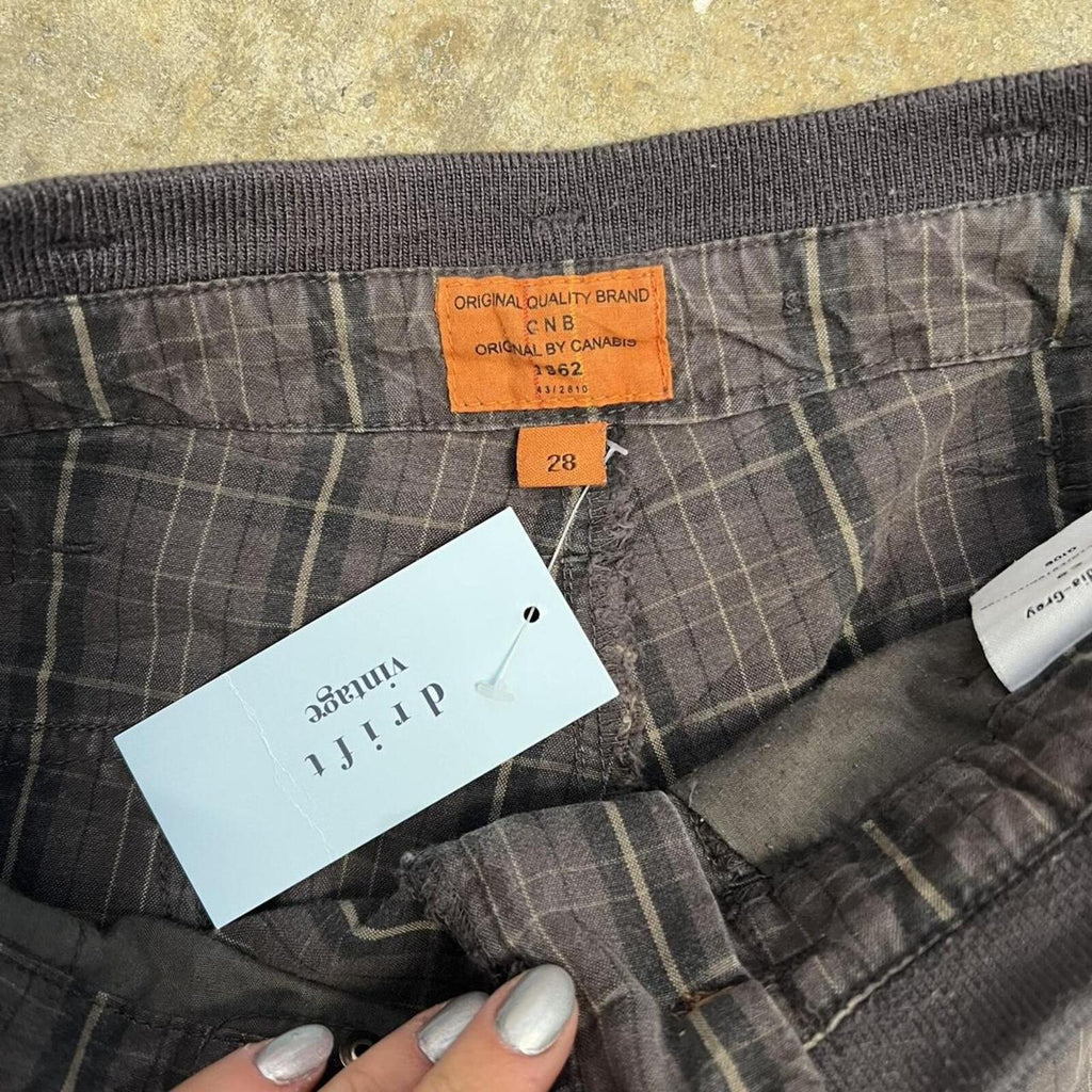 grey checkered low rise wide leg vintage cargo trousers with buckles