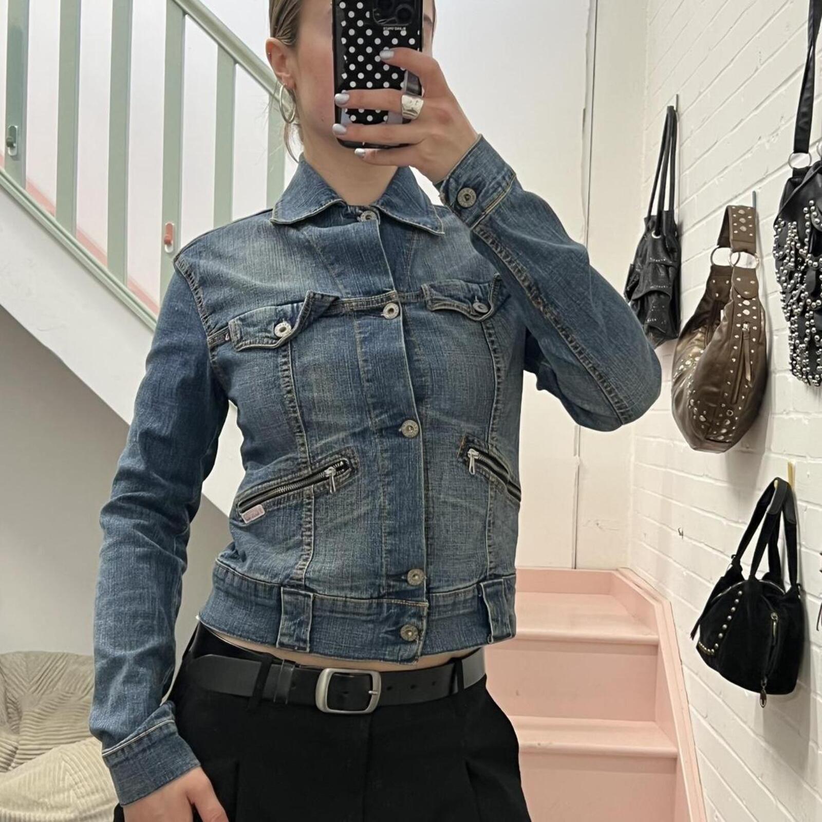 Navy button up utility style fitted vintage denim jacket