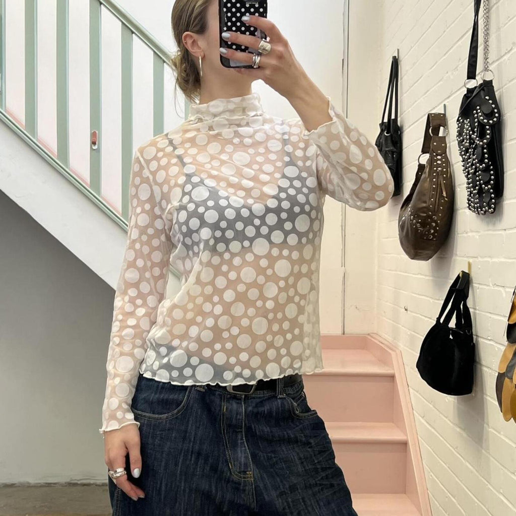 white polka dot mesh high neck top