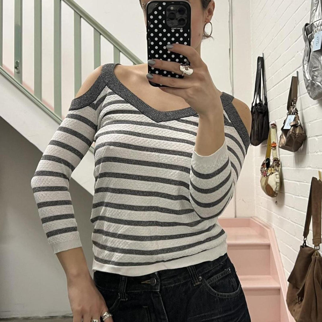 Morgan de Toi white and silver striped slouchy top with cut out shoulders