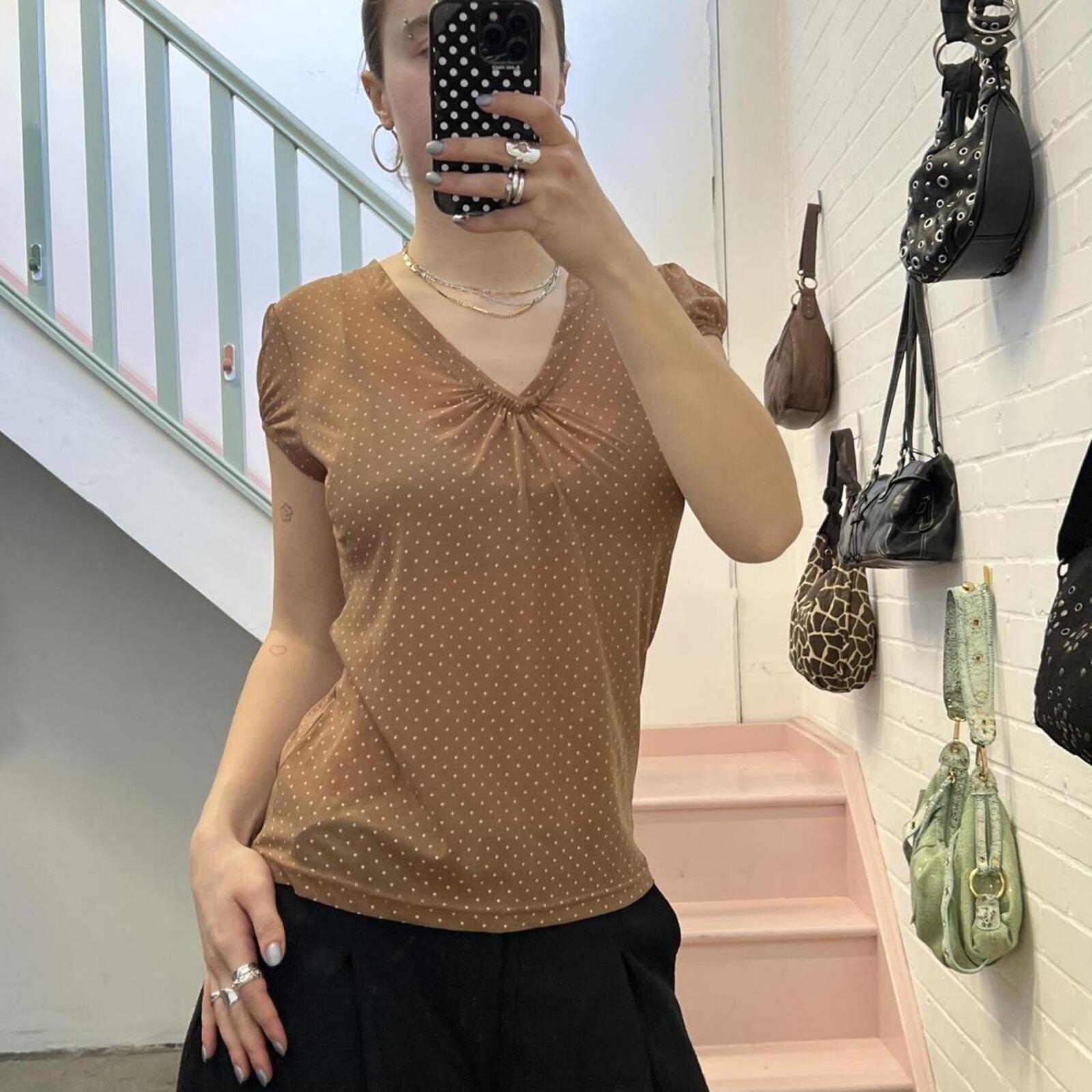 Cream and white polka dot fitted vintage mesh top