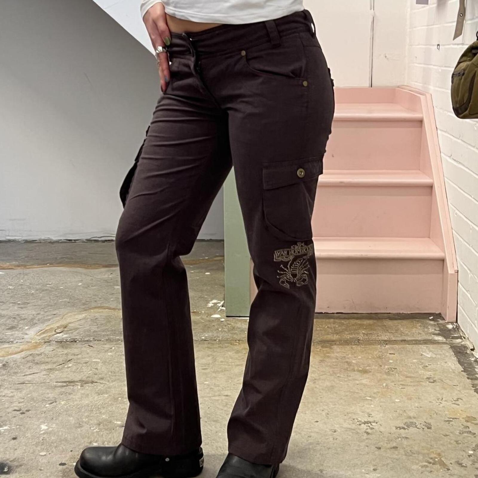 Brown checkered low rise straight leg tailored vintage embroidered trousers