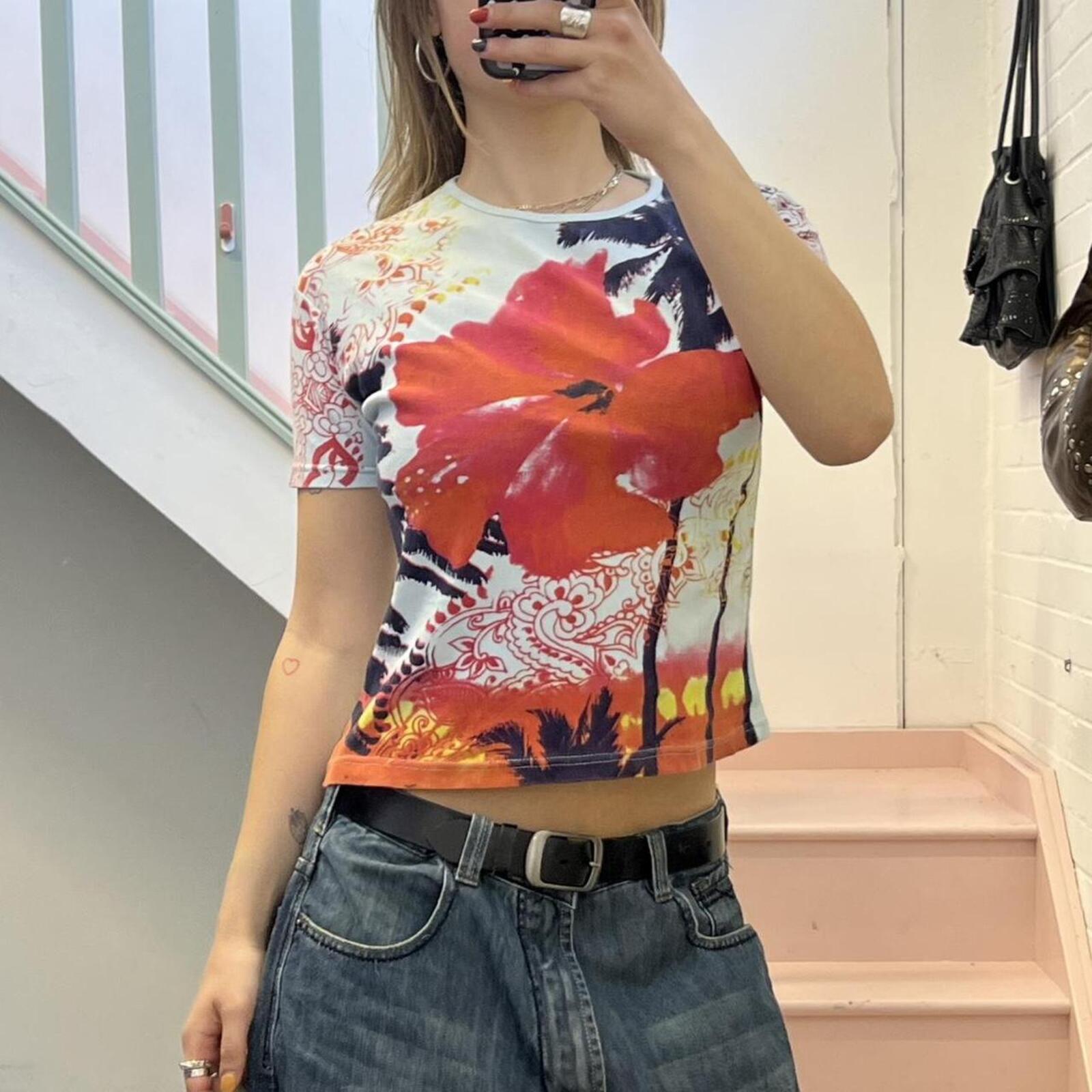 baby blue and pink hibiscus print vintage terranova baby tee