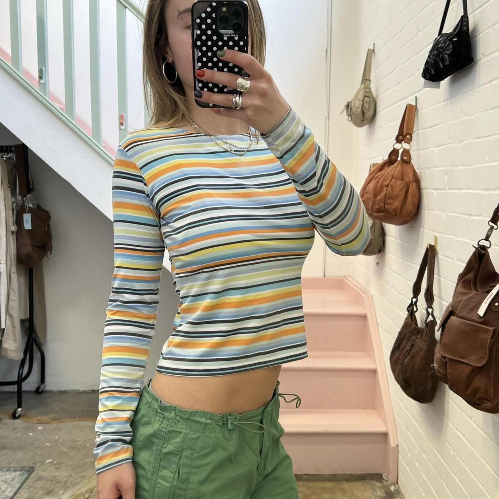yes miss blue orange and yellow striped fitted vintage top