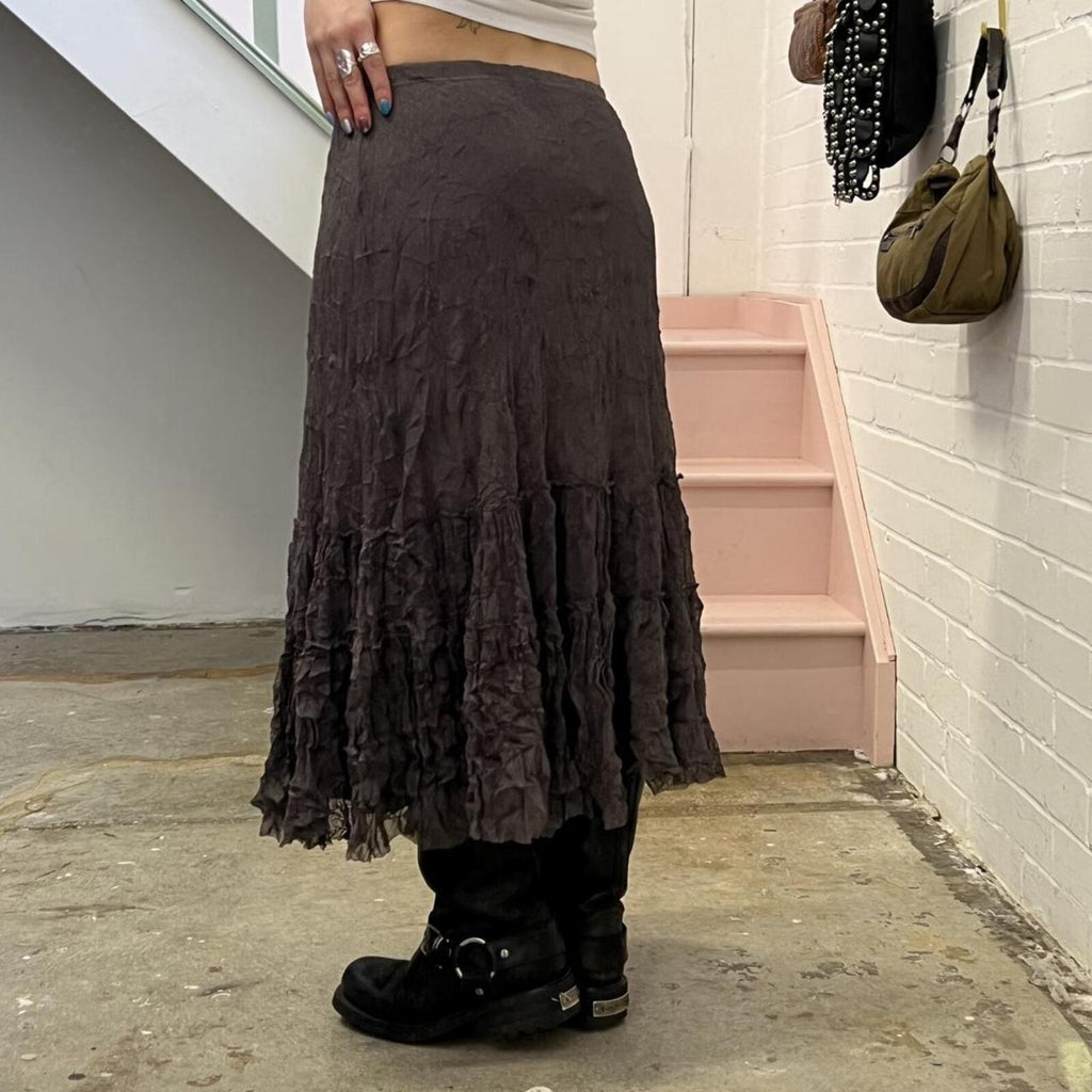grey brown crinkle mesh vintage floaty maxi skirt