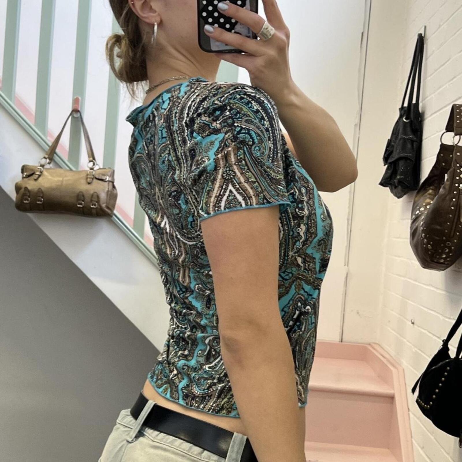 Blue and brown paisley printed v neck vintage baby tee