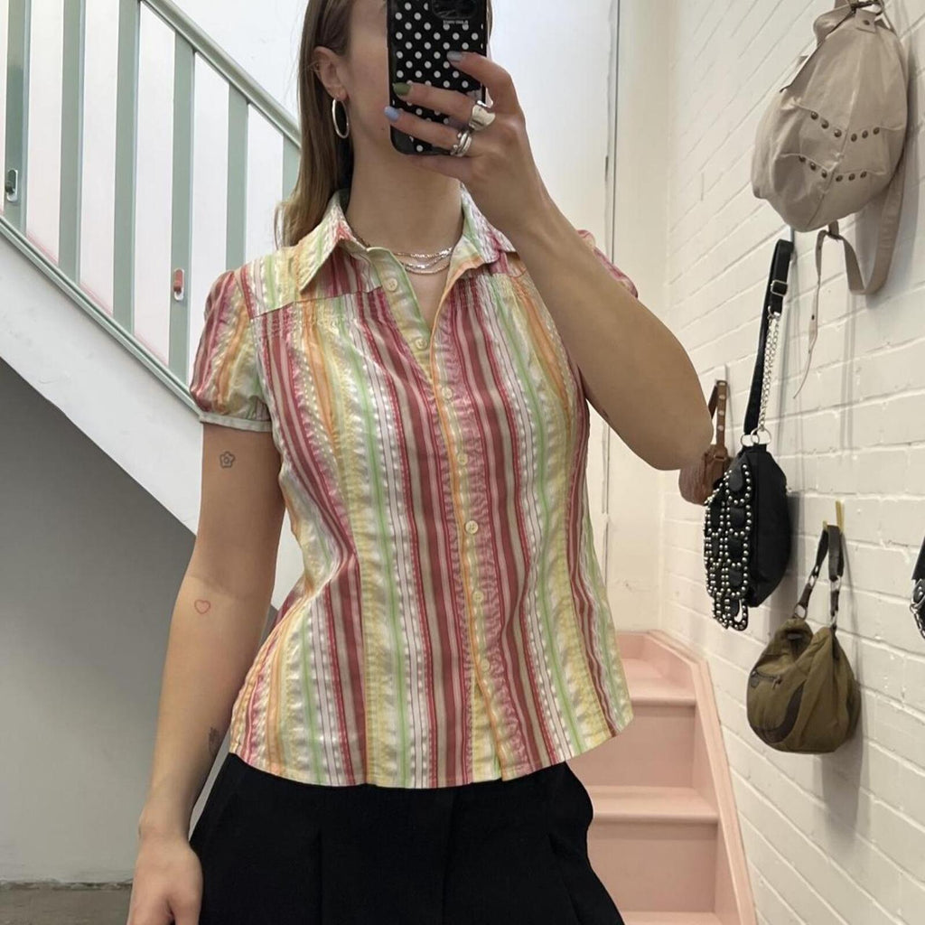 Multicolour striped fitted vintage short sleeve shirt