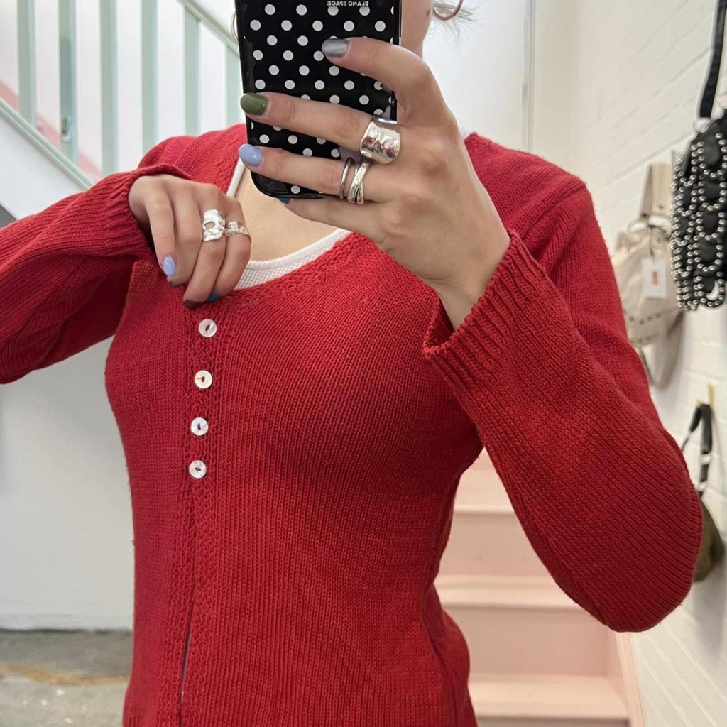 red knitted vintage cardigan with pearl buttons